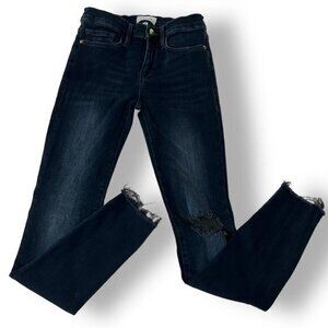 FRAME le Skinny de Jeanne. sz 25 Dark Wash Frayed Hem Distressed at Knee